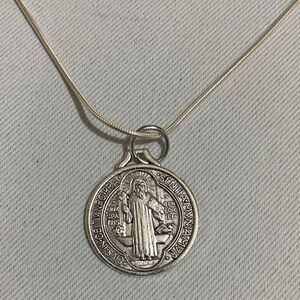 24" BELK Silverworks Silver Plated Snake Chain Necklace w St Benedict Pendant
